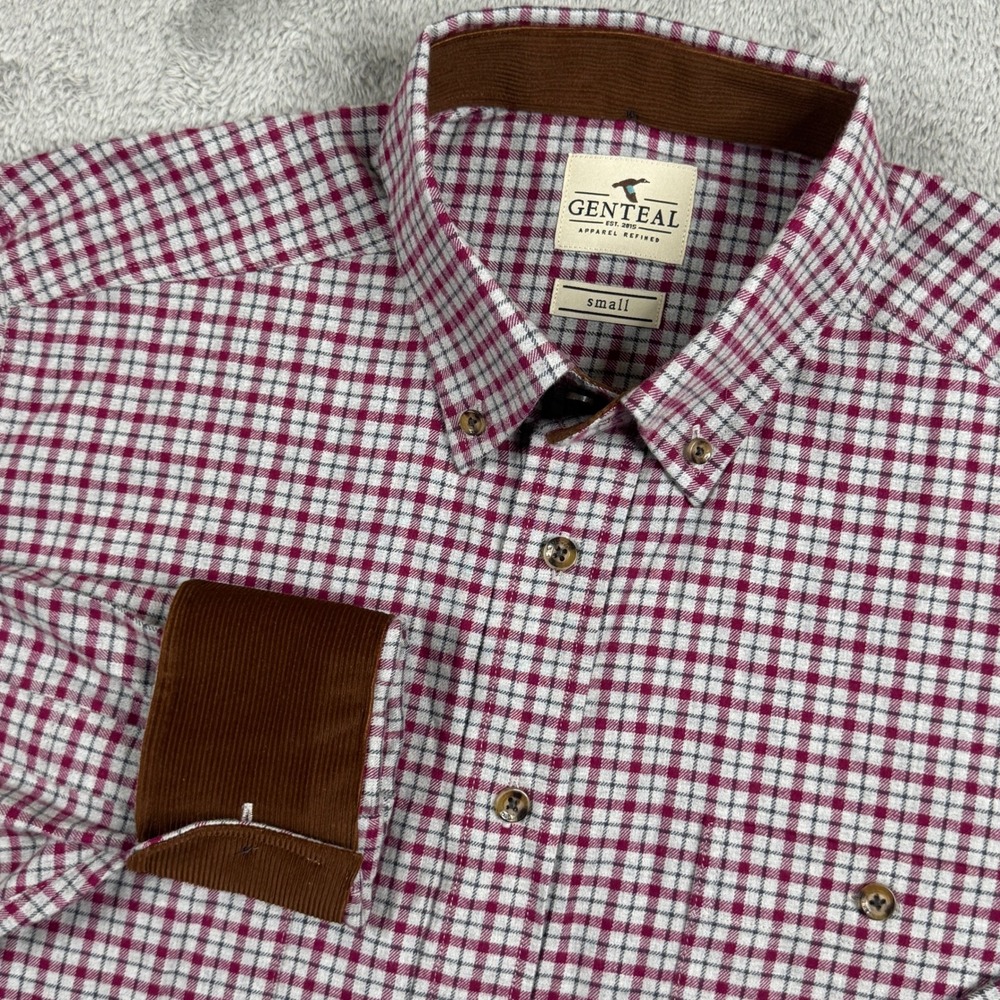 Genteal‎ Mens Small Red Check Button Down Shirt Corduroy Trim Cotton Long Sleeve